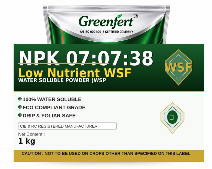 Greenfert NPK 07:07:38 Low Nutrient WSF — WSF packaging bag