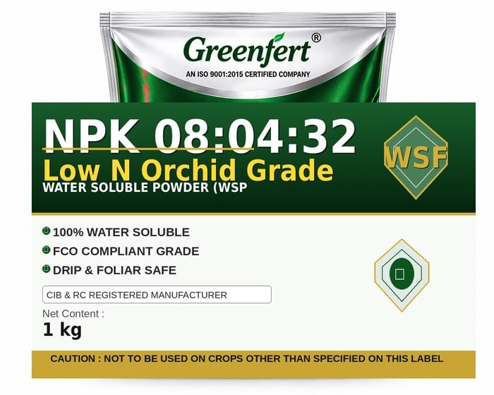 Greenfert NPK 08:04:32 Low N Orchid Grade — GRADE packaging bag