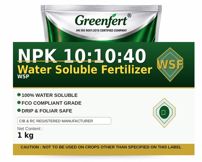 Greenfert NPK 10:10:40 Water Soluble Fertilizer — FERTILIZER packaging bag