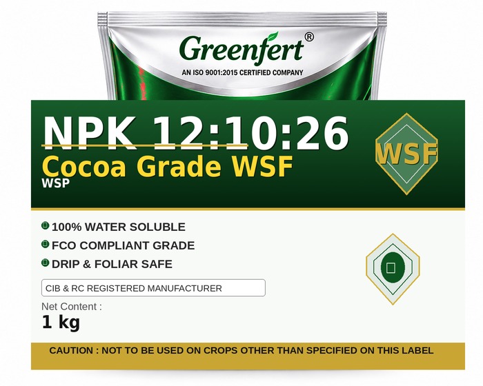 Greenfert NPK 12:10:26 Cocoa Grade WSF — WSF packaging bag