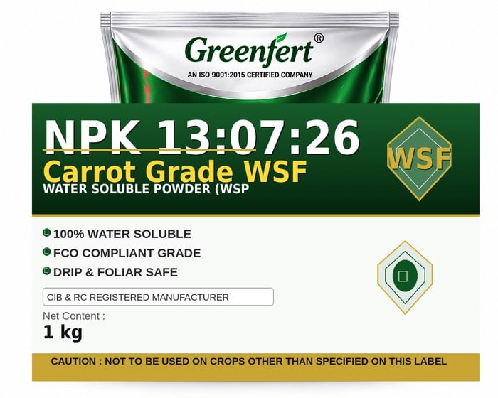 Greenfert NPK 13:07:26 Carrot Grade WSF — WSF packaging bag
