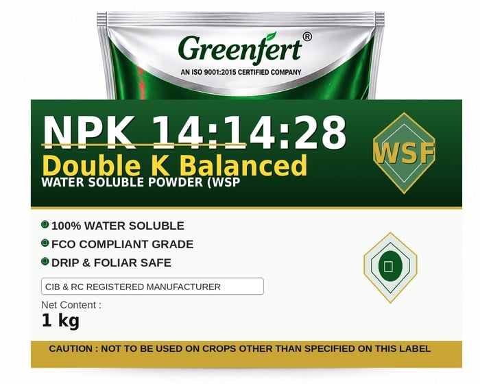 Greenfert NPK 14:14:28 Double K Balanced — BALANCED packaging bag