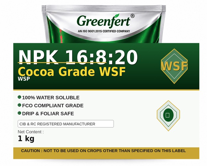 Greenfert NPK 16:8:20 Cocoa Grade WSF — WSF packaging bag