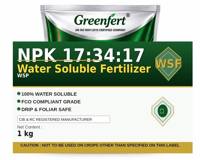 Greenfert NPK 17:34:17 Water Soluble Fertilizer — FERTILIZER packaging bag