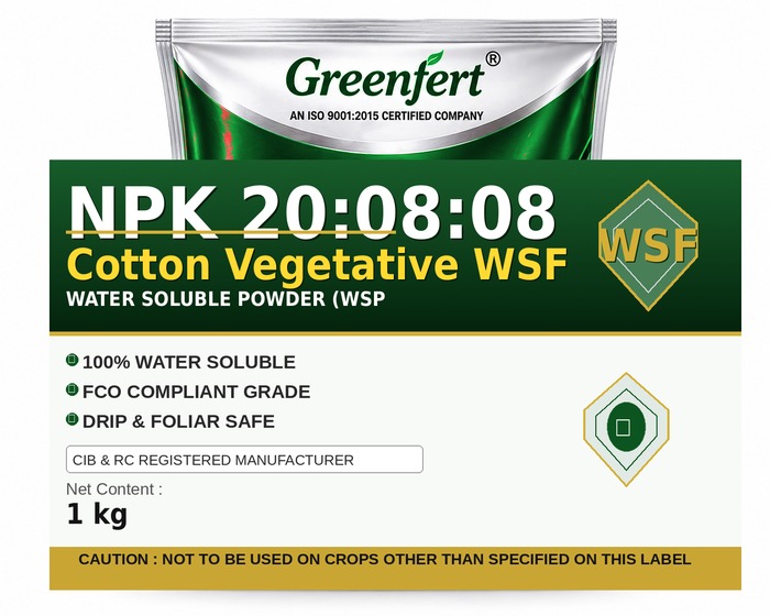 Greenfert NPK 20:08:08 Cotton Vegetative WSF — WSF packaging bag