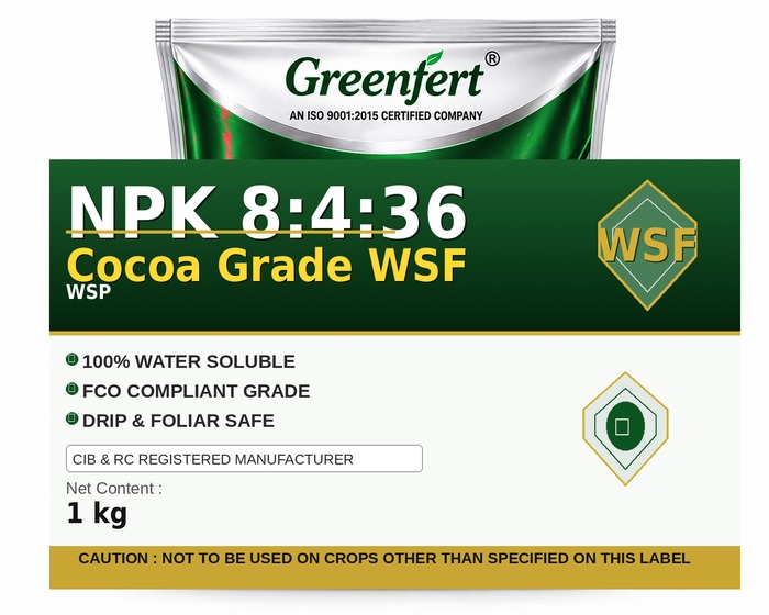 Greenfert NPK 8:4:36 Cocoa Grade WSF — WSF packaging bag