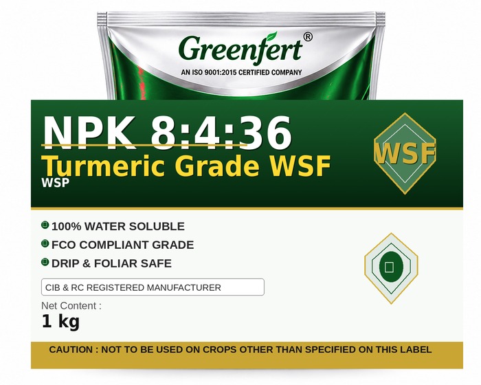 Greenfert NPK 8:4:36 Turmeric Grade WSF — WSF packaging bag