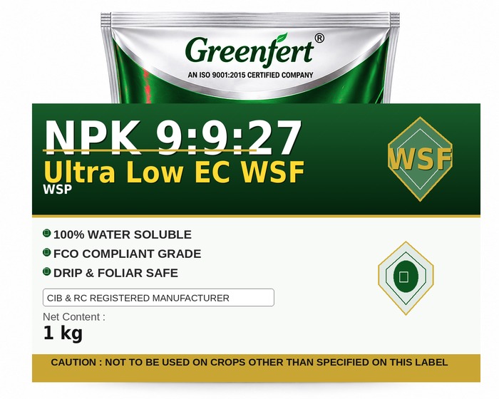 Greenfert NPK 9:9:27 Ultra Low EC WSF — WSF packaging bag