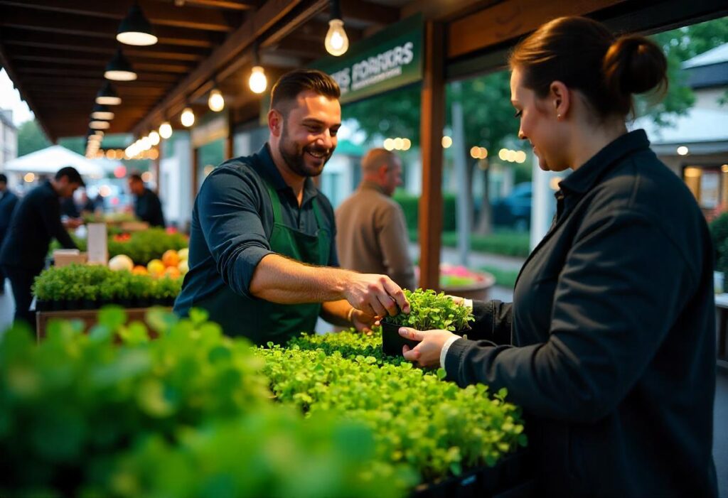 man selling microgreens in local market to customer in indian market
